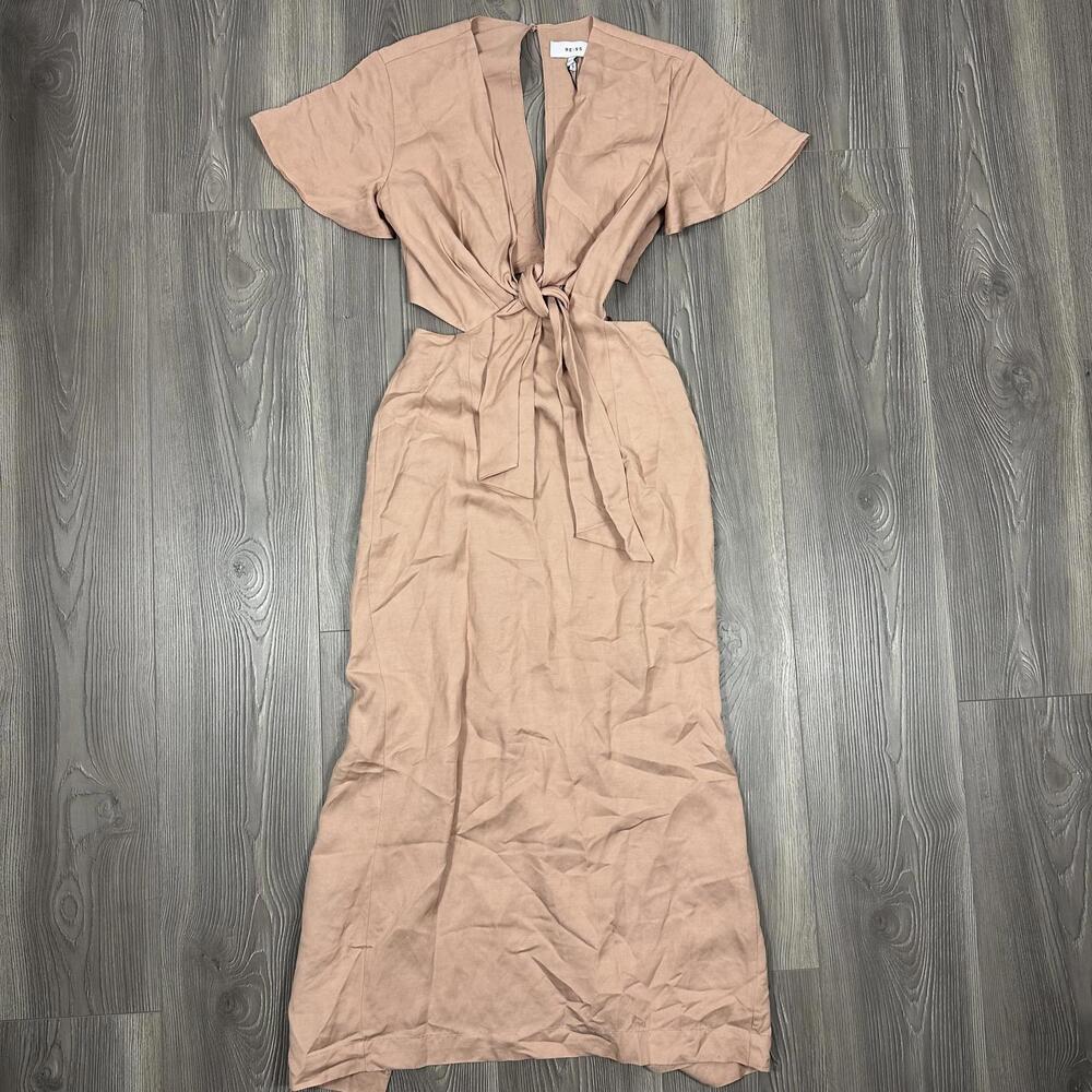 NWT Reiss Iona‎ Dress - Pink/Tan Midi Short Sleeve Linen Blend Dress w/ Cut Outs